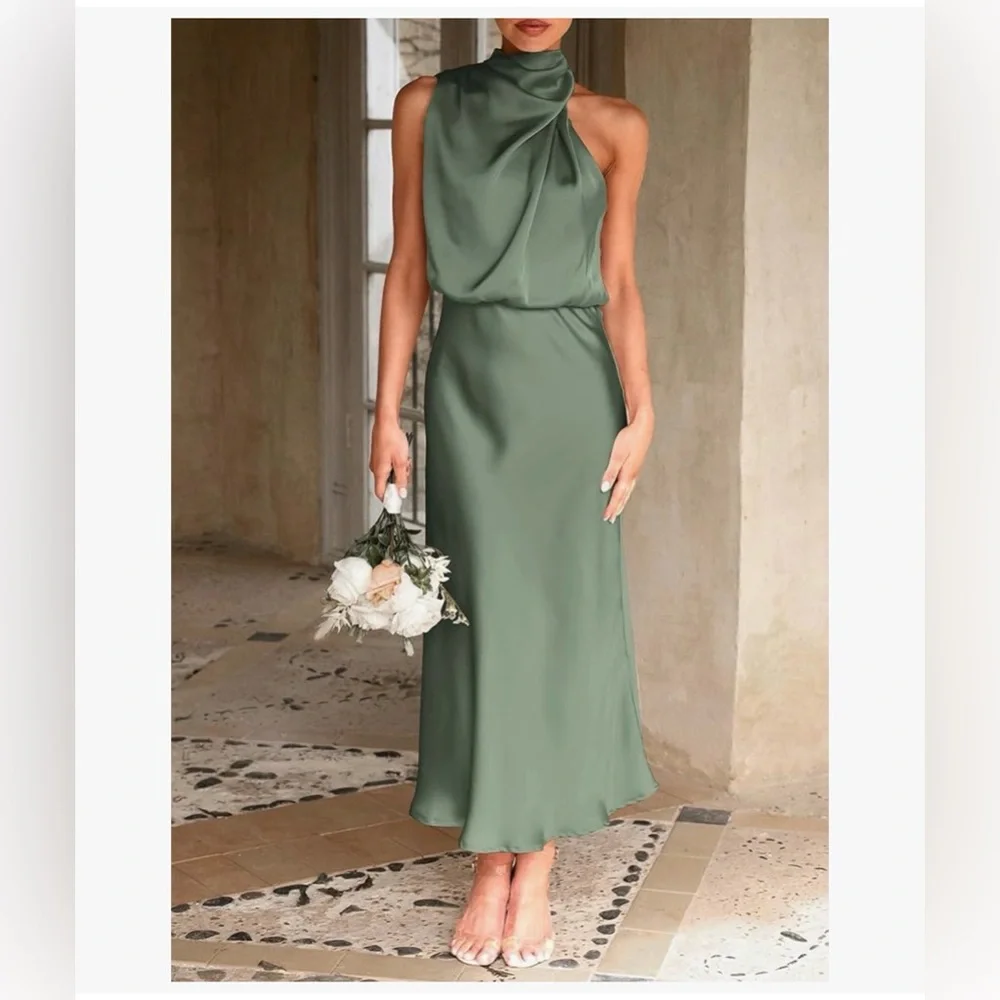 Satin Dress Elegant Sleeveless Mock Neck Cocktail Party Maxi Dress - Picture 1 of 4